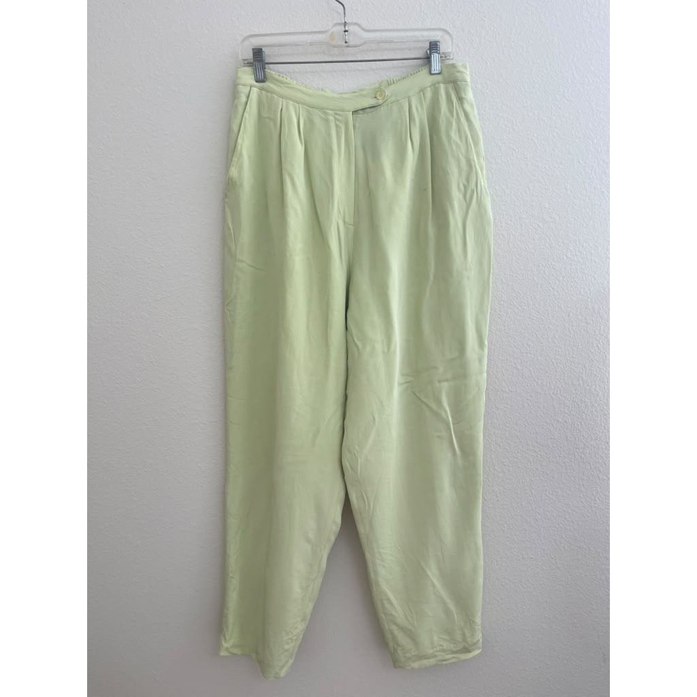Casual Corner Vintage 100% Silk Pleated Trousers Sage Green Size 14 High Rise